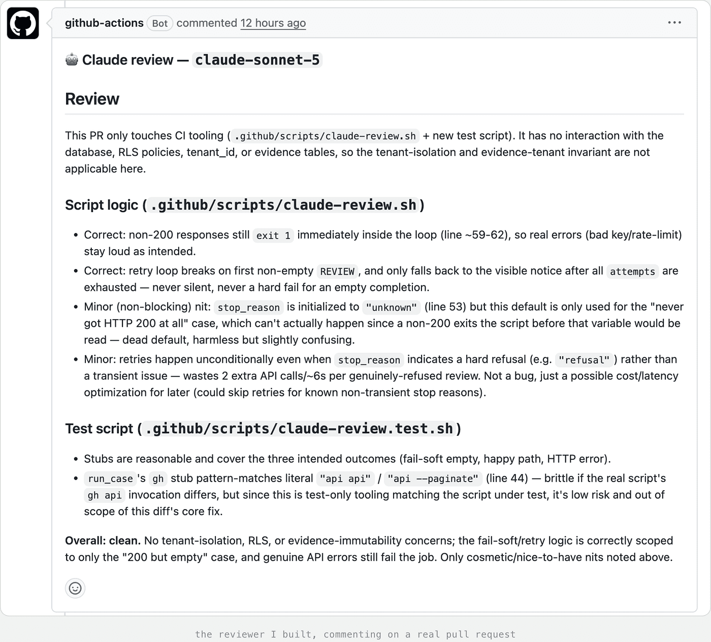 GitHub pull request comment from github-actions bot titled 'Claude review — claude-sonnet-5,' judging a CI-tooling-only PR as not applicable to tenant-isolation invariants, walking through the script logic and test script with two correct-behavior notes and two minor non-blocking nits, and concluding 'Overall: clean.'